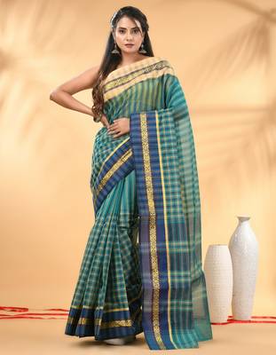 Teal bengal tant pure cotton saree with zari border 1