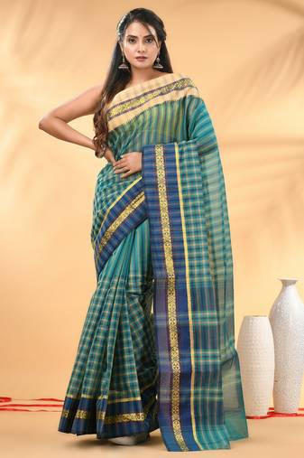Teal bengal tant pure cotton saree with zari border