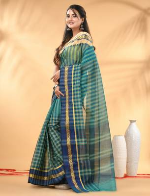 Teal bengal tant pure cotton saree with zari border 2