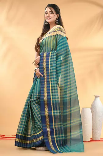Teal bengal tant pure cotton saree with zari border