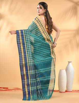 Teal bengal tant pure cotton saree with zari border 3