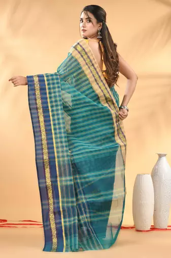 Teal bengal tant pure cotton saree with zari border