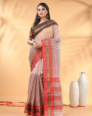 White bengal tant pure cotton saree with zari border 1