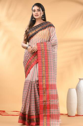 White bengal tant pure cotton saree with zari border