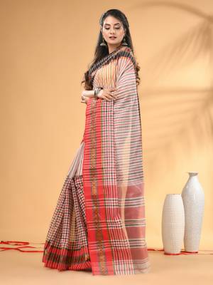 White bengal tant pure cotton saree with zari border 2