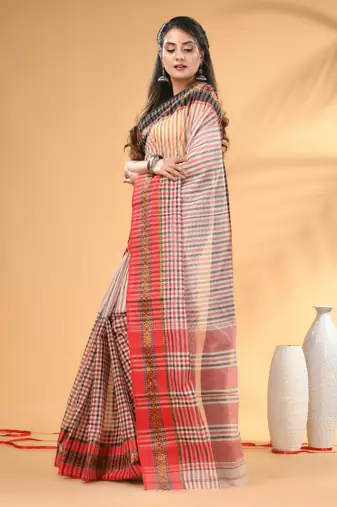 White bengal tant pure cotton saree with zari border