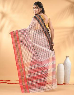 White bengal tant pure cotton saree with zari border 3