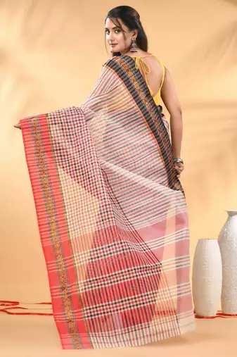 White bengal tant pure cotton saree with zari border