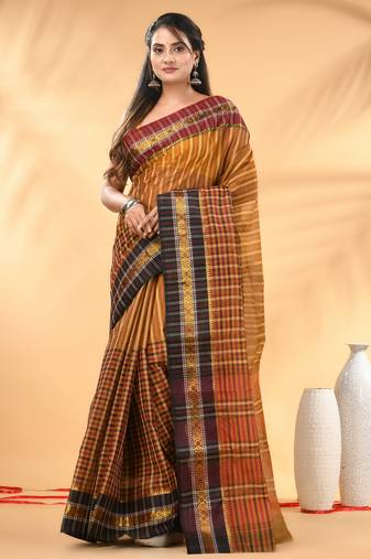 Mustard bengal tant pure cotton saree with zari border