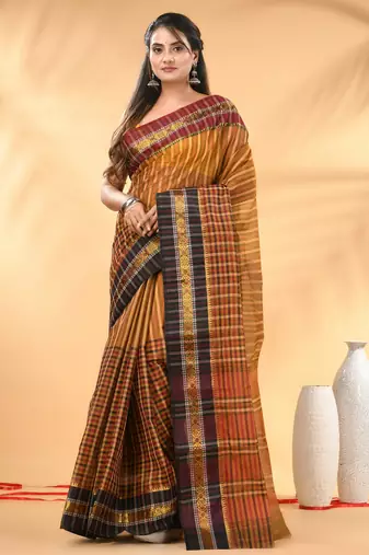 Mustard bengal tant pure cotton saree with zari border