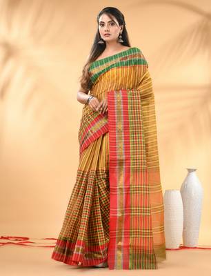 Yellow bengal tant pure cotton saree with zari border 1