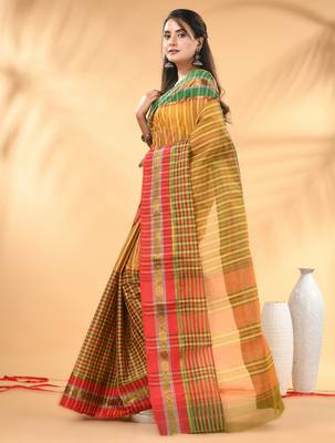 Yellow bengal tant pure cotton saree with zari border 2
