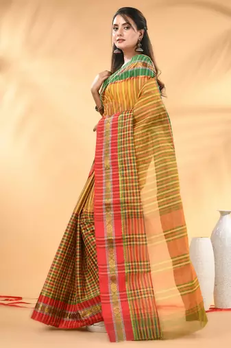 Yellow bengal tant pure cotton saree with zari border