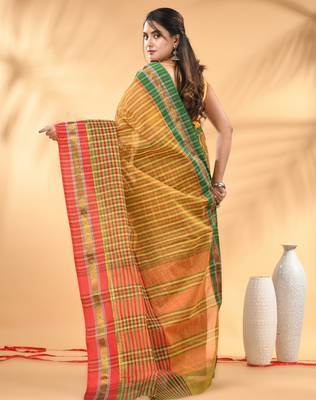 Yellow bengal tant pure cotton saree with zari border 3