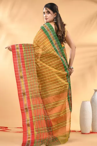 Yellow bengal tant pure cotton saree with zari border