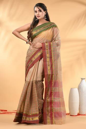Beige bengal tant pure cotton saree with zari border