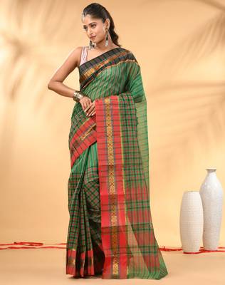 Green bengal tant pure cotton saree with zari border 1