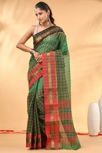 Green bengal tant pure cotton saree with zari border