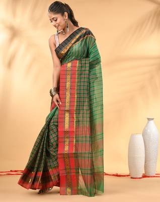Green bengal tant pure cotton saree with zari border 2
