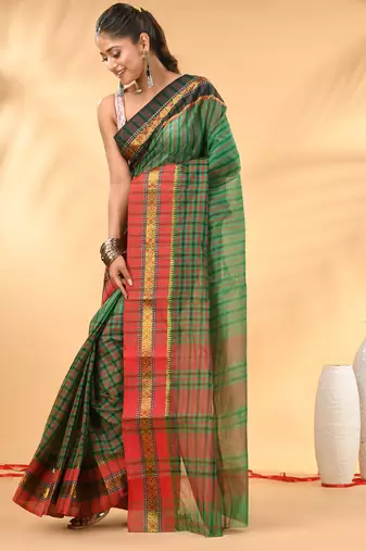 Green bengal tant pure cotton saree with zari border