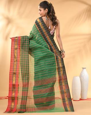 Green bengal tant pure cotton saree with zari border 3