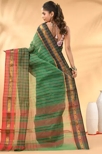 Green bengal tant pure cotton saree with zari border
