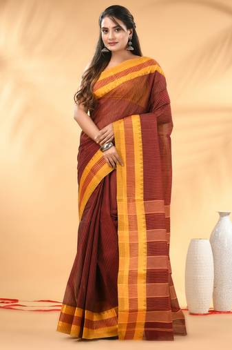 Maroon bengal tant pure cotton saree with yellow border