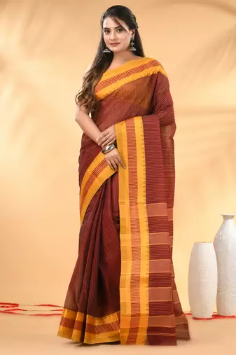 Maroon bengal tant pure cotton saree with yellow border