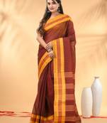 Maroon bengal tant pure cotton saree with yellow border