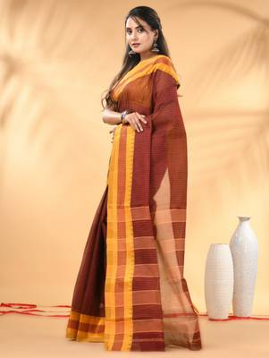 Maroon bengal tant pure cotton saree with yellow border 2
