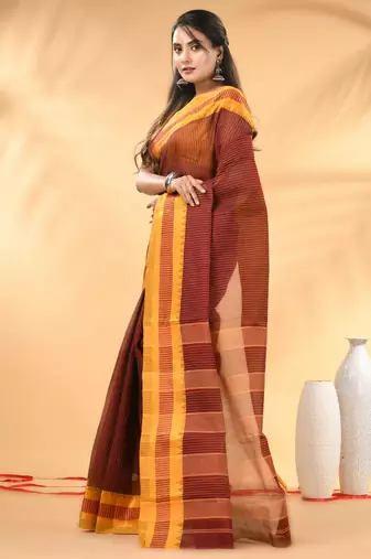 Maroon bengal tant pure cotton saree with yellow border