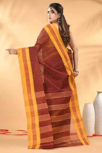 Maroon bengal tant pure cotton saree with yellow border