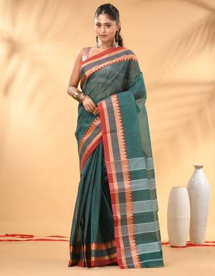 Teal bengal tant pure cotton saree with red border 1
