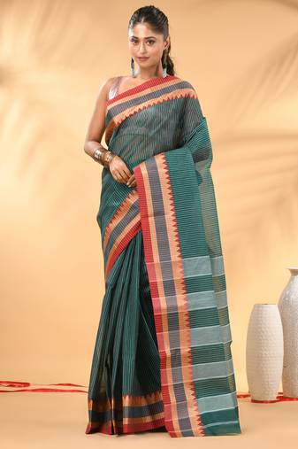 Teal bengal tant pure cotton saree with red border