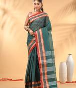 Teal bengal tant pure cotton saree with red border