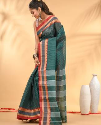 Teal bengal tant pure cotton saree with red border 2