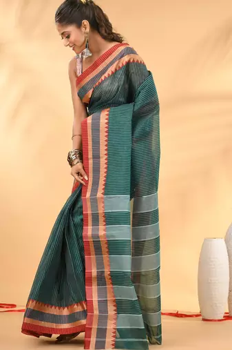 Teal bengal tant pure cotton saree with red border
