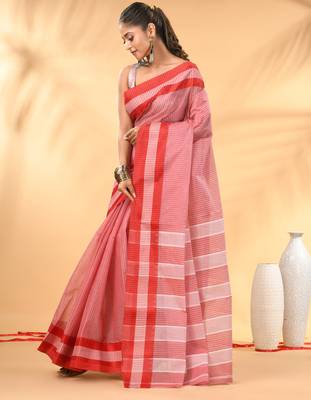 Red bengal tant pure cotton saree with red border 2