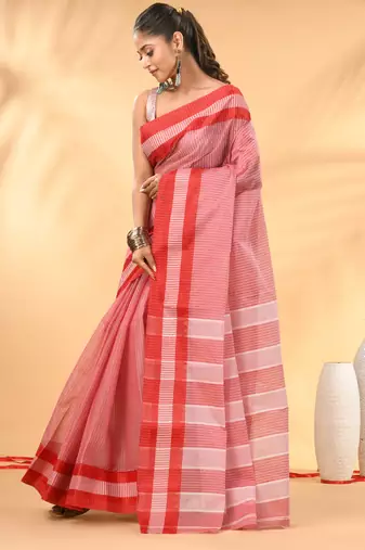 Red bengal tant pure cotton saree with red border