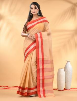 Beige bengal tant pure cotton saree with red border 1