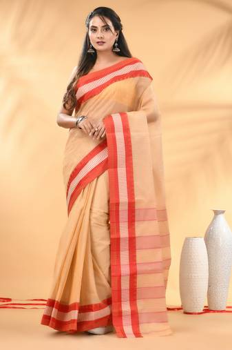 Beige bengal tant pure cotton saree with red border