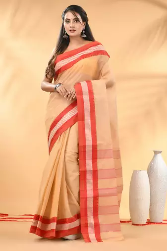 Beige bengal tant pure cotton saree with red border