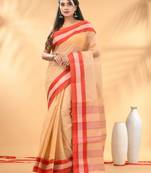 Beige bengal tant pure cotton saree with red border
