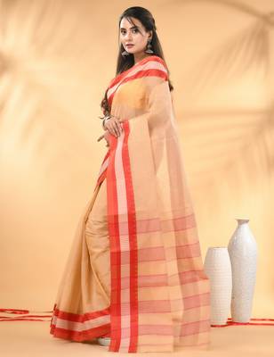 Beige bengal tant pure cotton saree with red border 2