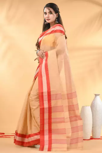 Beige bengal tant pure cotton saree with red border