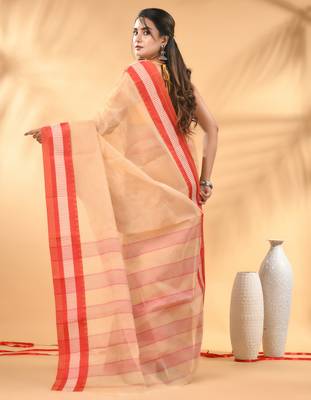Beige bengal tant pure cotton saree with red border 3