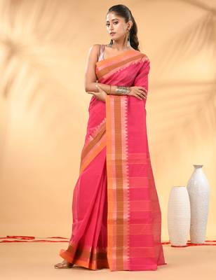 Pink bengal tant pure cotton saree with yellow border 1
