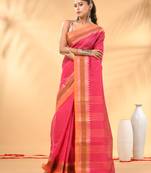 Pink bengal tant pure cotton saree with yellow border
