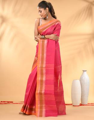 Pink bengal tant pure cotton saree with yellow border 2
