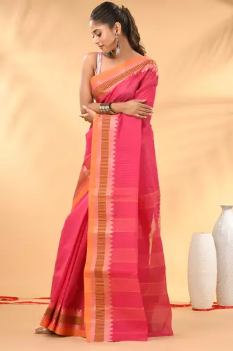 Pink bengal tant pure cotton saree with yellow border